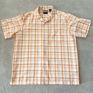 Haggar Plaid Orange White Short Sleeve Button Up Casual Microfiber Shirt Men L